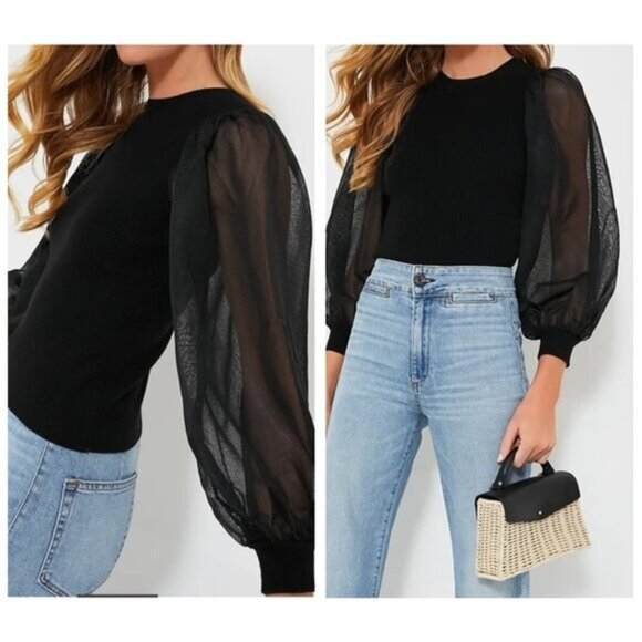 Tuckernuck Betsy Knit Blouse Black XXL Sheer Balloon Sleeve Top Mixed Media - Picture 1 of 7